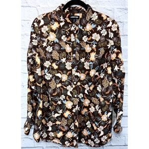 LANDS END Floral Shirt Sz 18 Brown Forest Fairy Button Up Boho Autumn‎ No Iron
